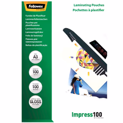 Fellowes A3 Glossy 100 Micron Laminating Pouch - 100 pack, Transparent, Plastic, A3, 420 mm, 297 mm, 1 mm