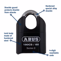 ABUS 190CS/60 High Security Solid Steel Combination Padlock  Closed Shackle