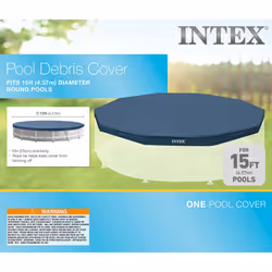 INTEX 28032E Pool Cover: for 15ft Round Metal Frame Pools - Includes Rope Tie - Drain Holes - 10in Overhang - Snug Fit