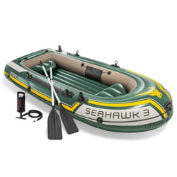 Intex Seahawk 3 Person Heavy Duty Inflatable Rafting and Fishing Boat Set with 2 Aluminum Oars  High Output Air Pump  and Carry