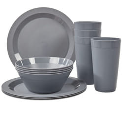 US Acrylic Newport Plastic Plate  Bowl and Tumbler Dinnerware Set for 4 in Grey Stone | 12-Piece Drinking and Dining Set | Reusable  BPA-free  Made in