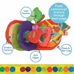 KIDS PREFERRED Eric Carle Very Hungry Caterpillar Activity Apple and Plush - Crinkle Texture Inside and Attached Leaf Teether - Hanging Loop for On Th