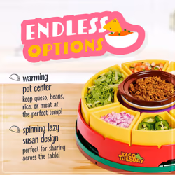 Nostalgia Taco Tuesday Heated Lazy Susan Taco Bar Serving Set for a Party with 4 Tortilla Holders, Fondue Pot for Burritos, Nachos, and Fajitas - 20 O