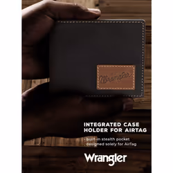 Wrangler Mens Bifold Slim RFID Blocking Wallet  Genuine Leather  Casual Everyday 10-20 Card Capacity with Stealth AirTag Holder (Brown) (Black)