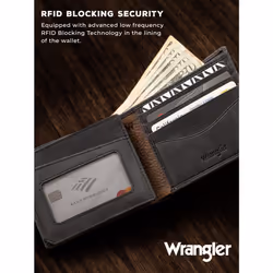 Wrangler Mens Bifold Slim RFID Blocking Wallet  Genuine Leather  Casual Everyday 10-20 Card Capacity with Stealth AirTag Holder (Brown) (Black)