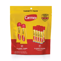 Carmex Classic Medicated Lip Balm Pack  Lip Moisturizer for Chapped Lips  9-Count Variety Pack Bag (2 Tubes  7 Sticks)