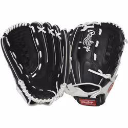Rawlings Shut Out Series Youth Softball Glove  13 inch  Basket Web  Right Hand Throw (RSO130BW-3/0 13 BSK/FLCV)  Black/White