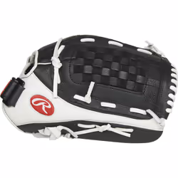Rawlings Shut Out Series Youth Softball Glove  13 inch  Basket Web  Right Hand Throw (RSO130BW-3/0 13 BSK/FLCV)  Black/White