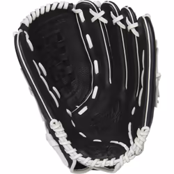 Rawlings Shut Out Series Youth Softball Glove  13 inch  Basket Web  Right Hand Throw (RSO130BW-3/0 13 BSK/FLCV)  Black/White