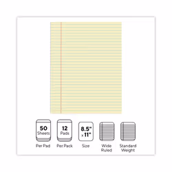 Universal UNV22000 50-Sheets 8.5 in. x 11 in. Wide/Legal Rule Glue Top Pads - Canary-Yellow (1 Dozen)