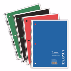 Universal 66614 1 Subject Wirebound Notebook  10.5 x 8  College Rule  70 Sheets  Assorted  4/PK