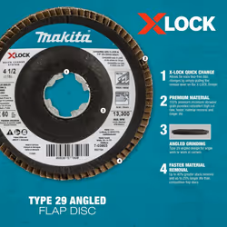 Makita T-03903-3 X-Lock 4-1/2"""" 60 Grit Type 29 Angled Grinding and Polishing Flap Disc X-Lock and All 7/8"""" Arbor Grinders  3/pk