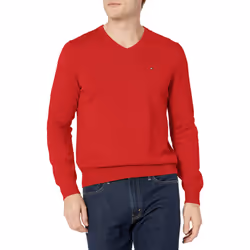 Tommy Hilfiger mens Cotton V Neck Sweater  Haute Red  Medium US