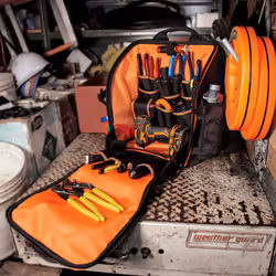 KLEIN TOOLS 55655 Tool Bag Backpack  Tradesman Pro Tool Station with 21 Pockets and Large Interior  Includes Flashlight with Work Light