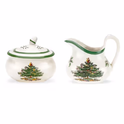 Spode Christmas Tree Sugar & Creamer Set - 16oz Sugar Bowl with Lid & 8oz Creamer - Fine Earthenware Holiday Tea & Coffee Ser ...