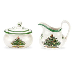 Spode Christmas Tree Sugar & Creamer Set - 16oz Sugar Bowl with Lid & 8oz Creamer - Fine Earthenware Holiday Tea & Coffee Serving Set - Dishwasher Saf
