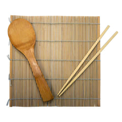 IMUSA USA 3pc Bamboo Complete Sushi Set Rolling Mat  Chopsticks  Paddle Kitchen Utensils  Multisizes  Brown