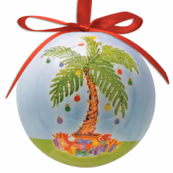 Palm Tree Ball Christmas Ornament, Palm Tree Decorated with Ornaments and Gifts Underneath