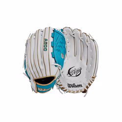 Wilson 2024 A500 Siren 12.5 Youth Outfield Fastpitch Softball Glove - Left Hand Throw White/Teal/Metallic Gold