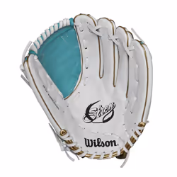 Wilson 2024 A500 Siren 12.5  Youth Outfield Fastpitch Softball Glove - Left Hand Throw  White/Teal/Metallic Gold