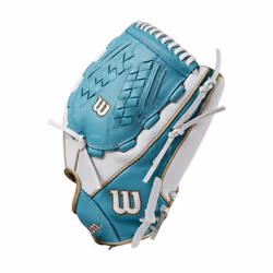 Wilson 2024 A500 Siren 12.5  Youth Outfield Fastpitch Softball Glove - Left Hand Throw  White/Teal/Metallic Gold
