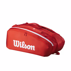 WILSON 2025 Super Tour Red Tennis Racket Bag - Red/White Holds up to 15 Rackets