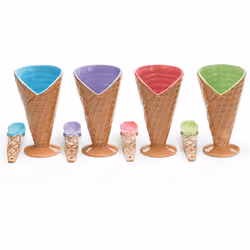 Set Of 4 Large Ice Cream Cone Dishes Bowls With Spoon