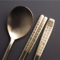 Korean Chopsticks Spoon 2 Set - METAL STAINLESS STEEL Titanium Plating -Printed Hangul Characters with ceramic rest rack (Hangul_Gold2P_Rest