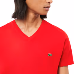 Lacoste TH6710 Mens V Neck T Shirt PIMA Summer Tee - Red, M