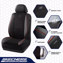 Skechers Memory Foam Seat Covers Air Cool Mesh Thick Car Seat Covers Piping Leather Car Seat Protector Full Set Airbag Compatible Automotive Comfort P