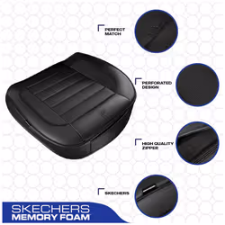 Skechers Car Seat Cover Memory Foam Luxury Faux Leather Front Bottom Seat Cushion Cover Universal Anti-Slip and Wrap Around The Bottom with Storage Ba