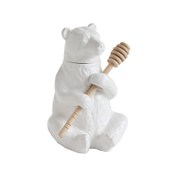 Creative CoOp White Bear Shaped Honey Pot with Lid  Bamboo Dipper