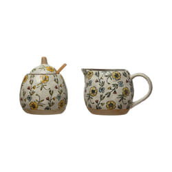 Creative CoOp HandPainted Spoon and Lid  Stoneware Creamer  Set of 3 Sugar Pot  9 L x 4 W x 4 H  Multicolor