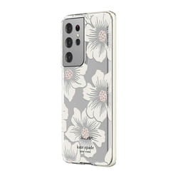 kate spade new york Defensive Hardshell Case Compatible with Samsung Galaxy S21 Ultra 5G - Hollyhock Floral Clear/Cream with Stones/Cream Bumper