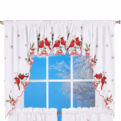 Collections Etc Embroidered Winter Cardinals Window Curtain Panels Collection  Red  Green and White Christmas Accents  Swags