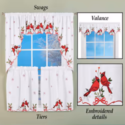 Collections Etc Embroidered Winter Cardinals Window Curtain Panels Collection  Red  Green and White Christmas Accents  Swags