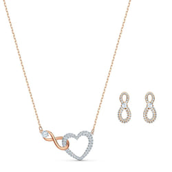 Swarovski Infinity Necklace and Stud Pierced Earrings Set with Clear Crystal Pav? and Mixed Metal Plated Finish in Infinity and Heart Design