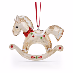 SWAROVSKI Rocking Holiday Cheers Rocking Horse Hanging Ornament Gold-Tone White Red and Green Crystals Part of The Holida ...
