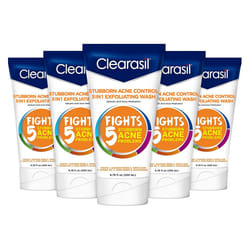 Clearasil Stubborn Acne Control 5in1 Exfoliating Wash 6.78 fl. oz.  Reduces Blocked Pores  Pimple S (Pack of 5) 6.78 Fl Oz (Pack of 5)