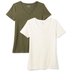 Amazon Essentials Women's Classic-Fit Short-Sleeve V-Neck T-Shirt  Pack of 2  Olive/Oatmeal Heather  Small