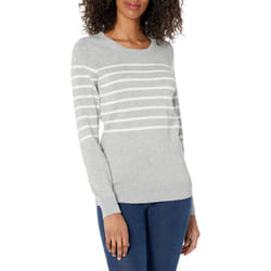 Amazon Essentials Women's Long-Sleeve Lightweight Crewneck Sweater (Available in Plus Size)  Light Grey Heather White Placed Stripe  Medium