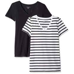 Amazon Essentials Women's Classic-Fit Short-Sleeve V-Neck T-Shirt  Pack of 2  White/Black  Stripe  Small