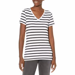 Amazon Essentials Women's Classic-Fit Short-Sleeve V-Neck T-Shirt  Pack of 2  White/Black  Stripe  Small