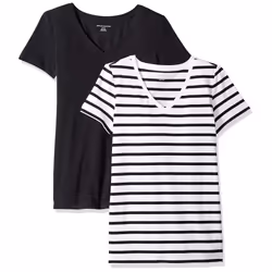 Amazon Essentials Women's Classic-Fit Short-Sleeve V-Neck T-Shirt  Pack of 2  White/Black  Stripe  Medium