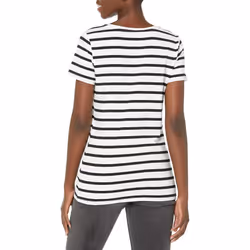 Amazon Essentials Women's Classic-Fit Short-Sleeve V-Neck T-Shirt  Pack of 2  White/Black  Stripe  Medium