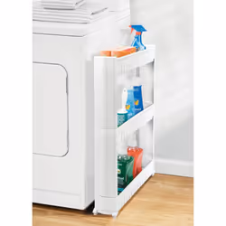 mDesign Slim Plastic Rolling Laundry Utility Cart  Portable Storage Organizer Trolley - Easy-Glide Wheels and 3 Heavy-Duty Shelves  for Laundry  Utili