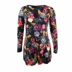GUESS Women's Long Sleeve Laurena Romper Shorts  Room of Blooms  XL
