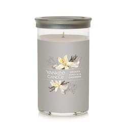 Yankee Candle Smoked Vanilla & Cashmere Signature Medium Pillar Candle - 14.25 oz Light Gray Soy Wax Blend  Metal Lid Coaster - Ideal for Home & Kitch