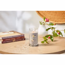 Yankee Candle Smoked Vanilla & Cashmere Signature Medium Pillar Candle - 14.25 oz Light Gray Soy Wax Blend  Metal Lid Coaster - Ideal for Home & Kitch