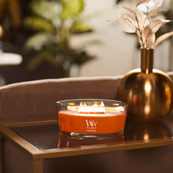 WoodWick Pumpkin Praline Scented Ellipse Candle  Crackles as it Burns  Up to 50 hrs Burn time  16oz